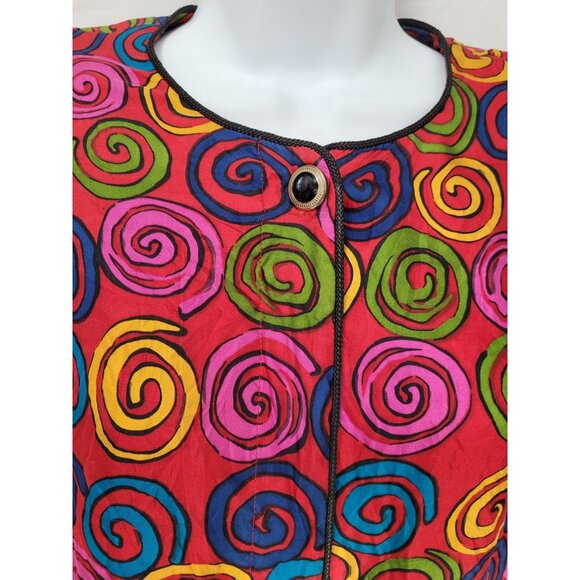 Vintage 90s 100% Silk Blouse L Long Sleeve Button Mod Red Psychedelic - Picture 15 of 16